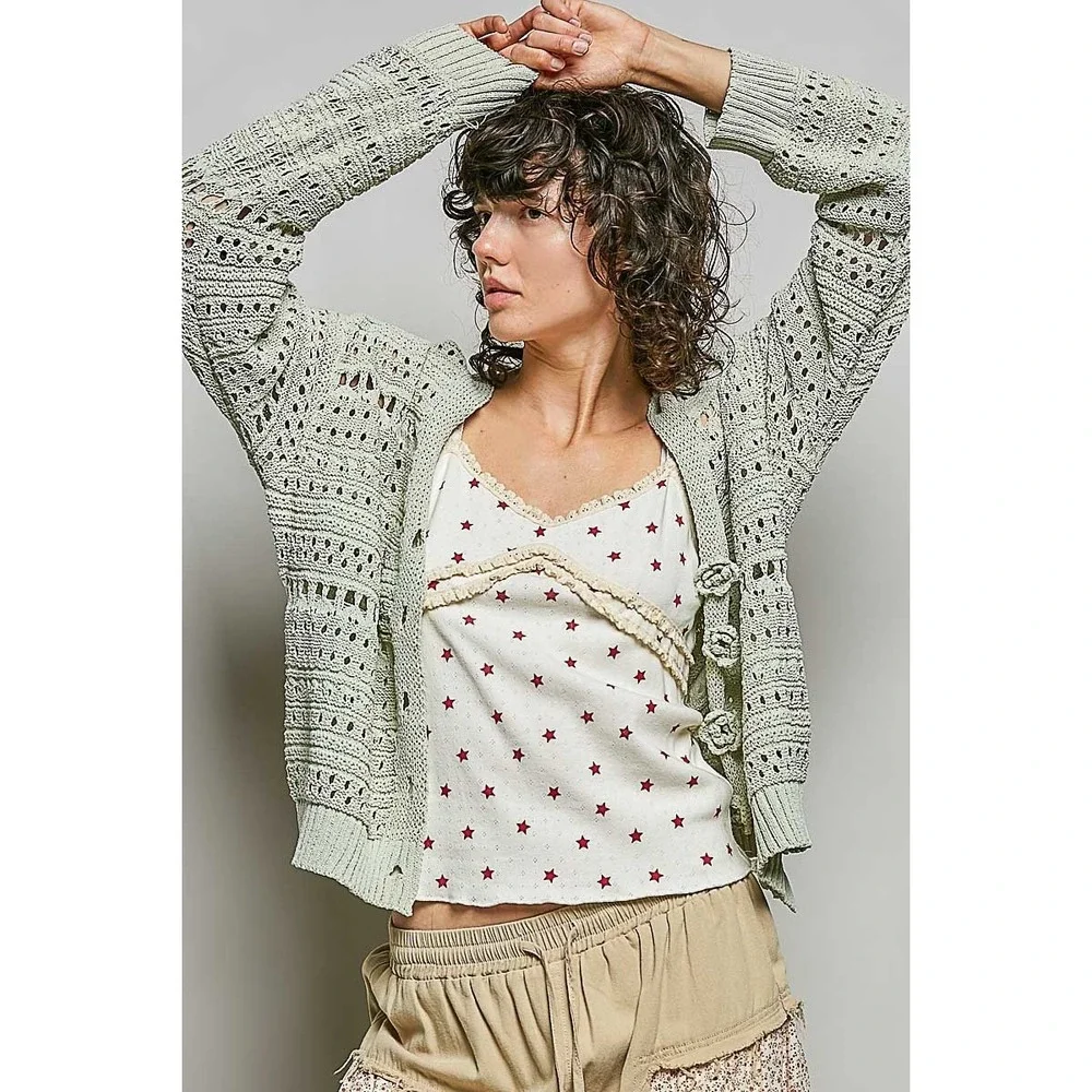 POL‎ Open-Knit Floral Button Cardigan - Medium
